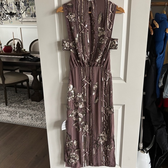 NWT. ASOS Embellished Sequin Beaded Flapper Midi Dress 2 Mauve Floral Geometric - Picture 7 of 16